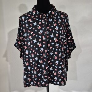 Hot Topic Black Button Down Shirt with Red and Blue Butterfly Print
